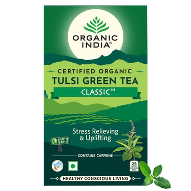 A TATA Product - Organic India Tulsi Green Tea Classic - 25 Tea Bags, Uplifts Mood, Rich in Antioxidants, Blend of Rama, Krishna & Vana Tulsi, Certified Organic